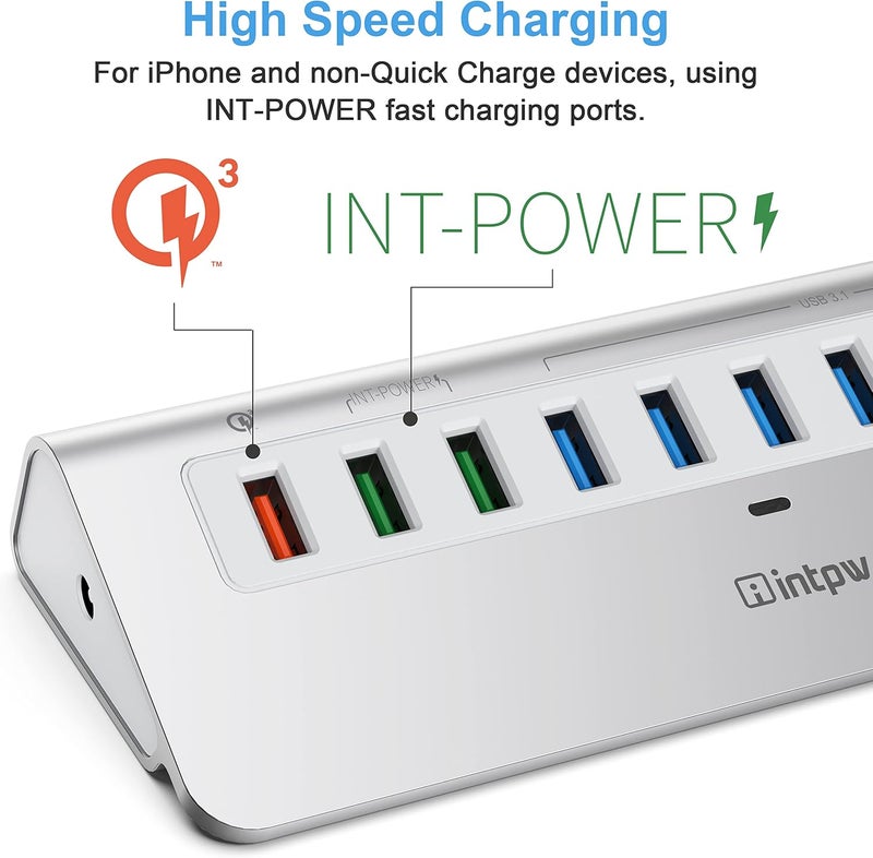 intpw Powered USB Hub 10Gbps, 10 Port USB 3.1 Gen 2 Hub with 7 USB 3.1 Data Ports, 3 Fast Charging Ports, 36W Power Adapter, Type A and Type C Cable, Aluminum USB Data Hub for Mac, PC, Laptop - Image 5